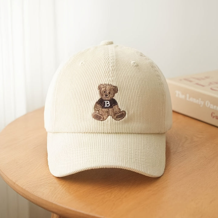 1 Gorra de béisbol unisex de pana con lindo diseño de oso y la letra B - Cierre ajustable con visera, tejido transpirable, doble tono marrón/patchwork, para otoño/invierno, gorra casual y deportiva para hombres y mujeres (Lavar a mano únicamente) - Regalo