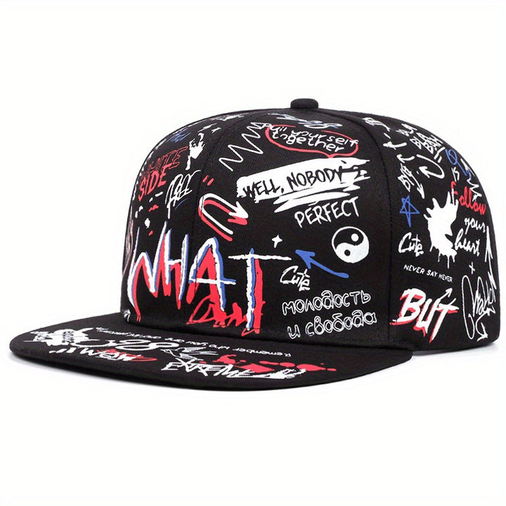 Gorra Snapback de Dos Estilos con Diseño Graffiti Moderno - y Visera Blanca, Arte Doodle Expresivo y Textos Atrevidos, Cierre Ajustable, Tela de Alta Calidad para Uso Casual al Aire Libre, Moda Urbana, Material Transpirable, Gorra Cómoda y Elegante, Ideal