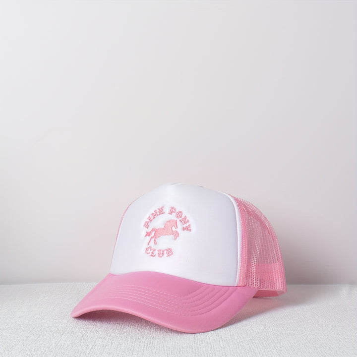 Gorra de Camionero de Espuma y Malla con Diseño Bordado de Letras y Caballo del CLUB DE PONI ROSA - Gorra de Béisbol Ajustable Transpirable de Poliéster para Mujeres, Regalos Lindos para Ella, Ciclismo Urbano de Verano