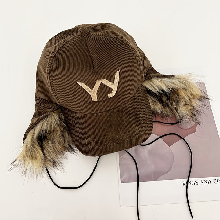 1 Gorra de Béisbol para Mujer con Bordado de Letras Yy, Gorra de Alta Gama para Usar dos Veces en Otoño e Invierno, Gorra Retro de Piel Sintética con Protección para las Orejas, Gorra de Pato de Pato Gruesa y Cálida de Pana a la Moda