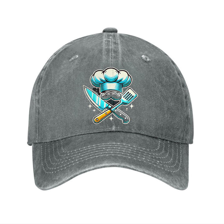 Gorra de Béisbol Ajustable y Ligera de Algodón para Chef - Gorra Negra con Sombrero de Chef Azul & Gráfico de Espátulas Cruzadas, Visera Curva para Hombres y Mujeres, Accesorios de Cocina al Aire Libre, Sombreros Casuales, Cabezal Cómodo