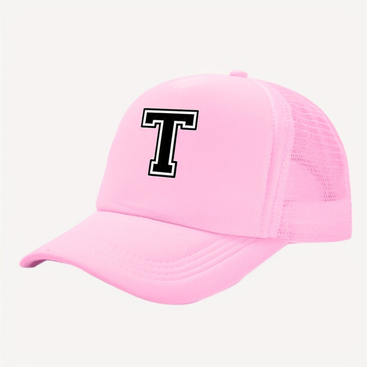 Gorra de camión con estampado de 26 letras rosa para niñas - Espalda de malla transpirable, cierre ajustable con clic, diseño de letras A-Z adecuado para regreso a clases, cumpleaños y verano | Regalo de moda, equipo casual para jóvenes | Gorra de béisbol