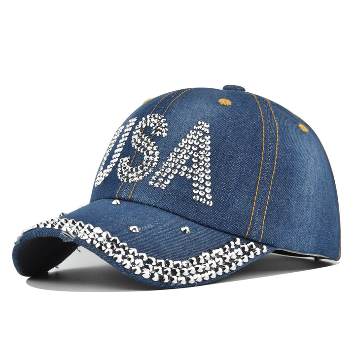 Gorra de béisbol para hombre con diamantes de imitación brillantes y letras de EE. UU. - Sombrero de ala curva estructurado de 6 paneles, gorro ligero para todas las estaciones para el 4 de julio, eventos deportivos y atuendos casuales, diseño duradero si
