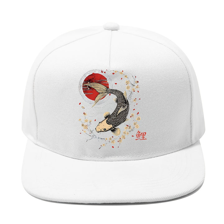 1 pieza, gorra de béisbol japonesa con peces koi y flores de cerezo - Gorra negra con sol rojo, cierre ajustable de snapback, ala plana ligera y no elástica para hombres y mujeres - Calle Y2K, anime, cosplay, uso diario - Gorra de exterior para todas las