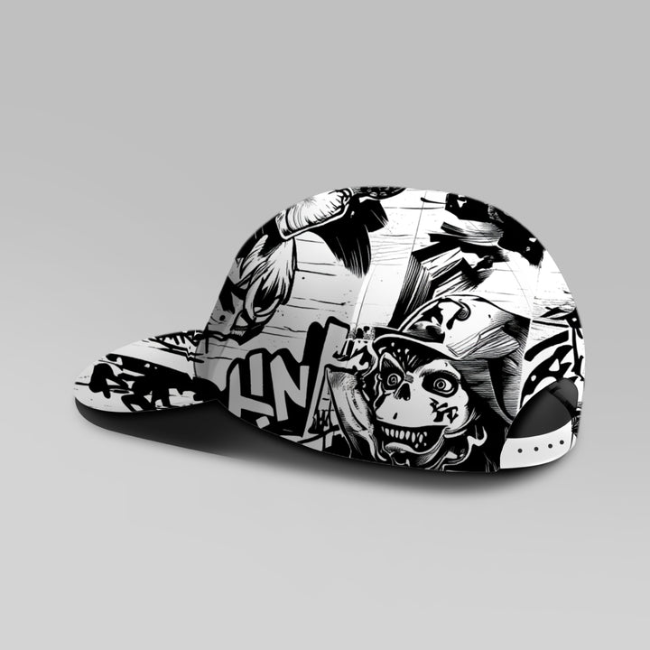 Gorra de Béisbol Ajustable y Ligera con Diseño Graffiti Streetwear (Patrones de Calavera y Pájaro) - Sombrero de Moda Urbana /Blanco, Lavable a Máquina para Looks Casuales