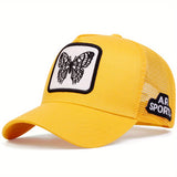 Gorra de Camionero Bordada con Mariposa para Hombre - Gorra de Béisbol Ajustable para Protección Solar al Aire Libre, Malla Ligera y Transpirable en la Parte Posterior, Diseño Elegante de Animales en Naranja, Negro/Blanco o Amarillo, Ideal para Viajes, Va