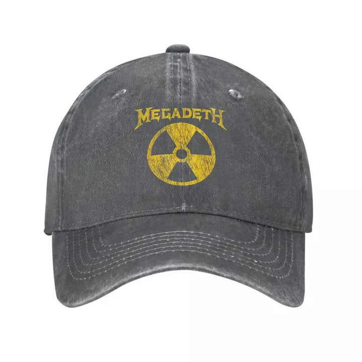 Gorra de Béisbol de la Banda de Rock Metálico Nuclear Retro Megadeth | Gorra Snapback Desgastada Unisex | Ajustable, Ligera y Lavable a Máquina | Negra con Diseño del Símbolo de Radiación Amarillo | Accesorio Deportivo para Exteriores para Hombres y Mujer