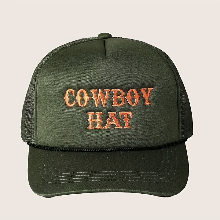 Gorra de béisbol con bordado COWBOY, ajustable con cierre de clic, espalda de malla transpirable, ligera y elegante para mujeres, golf y uso casual - Blanco con letras naranjas, borde negro, perfecta para la moda de verano, sombrero de vaquero.