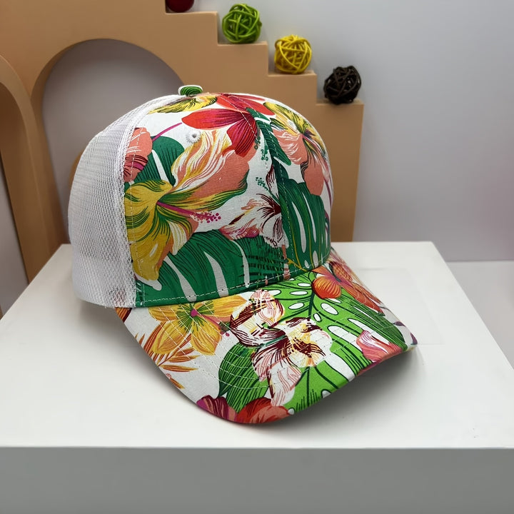 1 gorra de béisbol con estampado floral tropical para mujeres y hombres - Espalda de malla transpirable, cierre ajustable con clic, gorra ligera para exteriores para senderismo y uso casual, protección solar