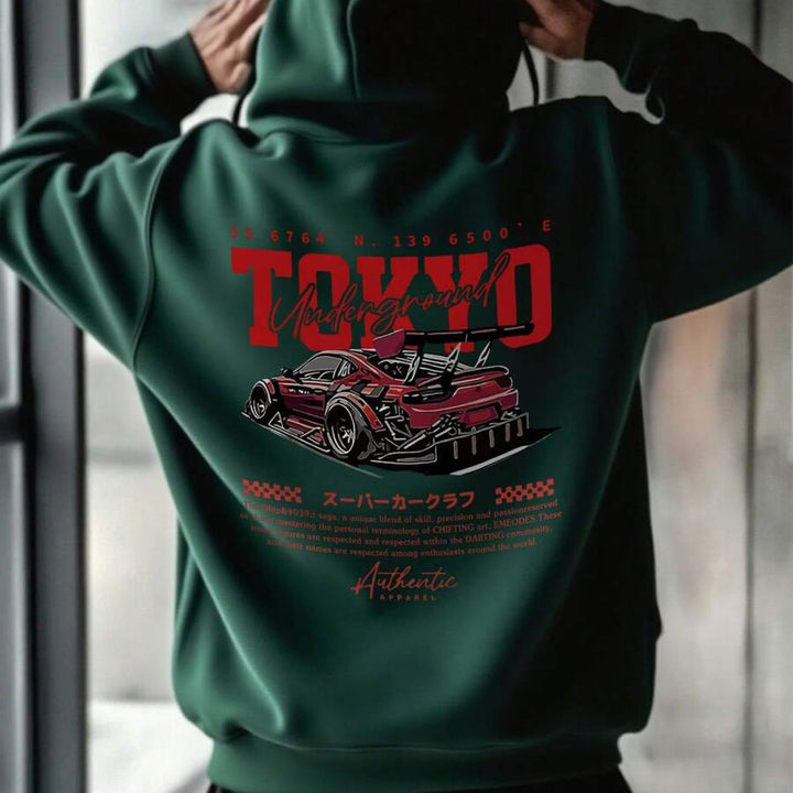 Sudadera con capucha para hombre con gráfico de coche de carreras japonés - Texto japonés y diseño de carreras con estampado rojo y de coche de carreras, suave sudadera casual con bolsillos, amantes del streetwear, ropa unisex, material cómodo, moda stree
