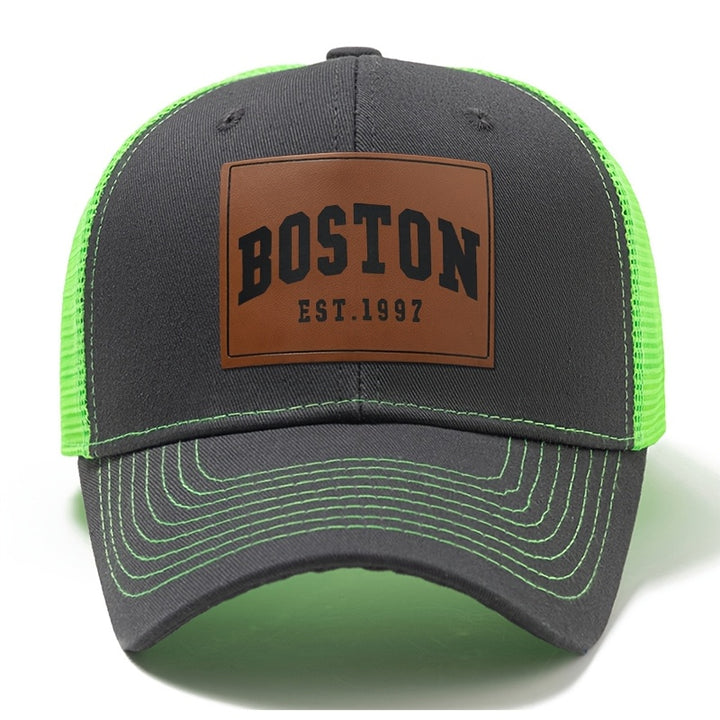 Sombrero de camionero Boston Est. 1997 - Espalda de malla transpirable, ala curva para protección solar, sombrero de béisbol casual para hombres y mujeres, poliéster, sombrero de pesca
