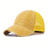 Gorra de Béisbol Transpirable para Mujer con Lavado Desgastado y Agujeros Aleatorios - Gorra Ajustable Snapback para Deportes al Aire Libre, Uso Casual - /Gris Oscuro/Beige/Amarillo, Sombrero de Malla Ventilada