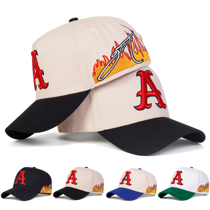 Gorra de béisbol para hombre con diseño de llamas en los lados, 5 paneles, ajustable, ideal para protección solar, perfecta para salidas casuales en primavera y otoño, viajes, fiestas en la playa y más