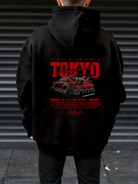 Sudadera con capucha para hombre con gráfico de coche de carreras japonés - Texto japonés y diseño de carreras con estampado rojo y de coche de carreras, suave sudadera casual con bolsillos, amantes del streetwear, ropa unisex, material cómodo, moda stree