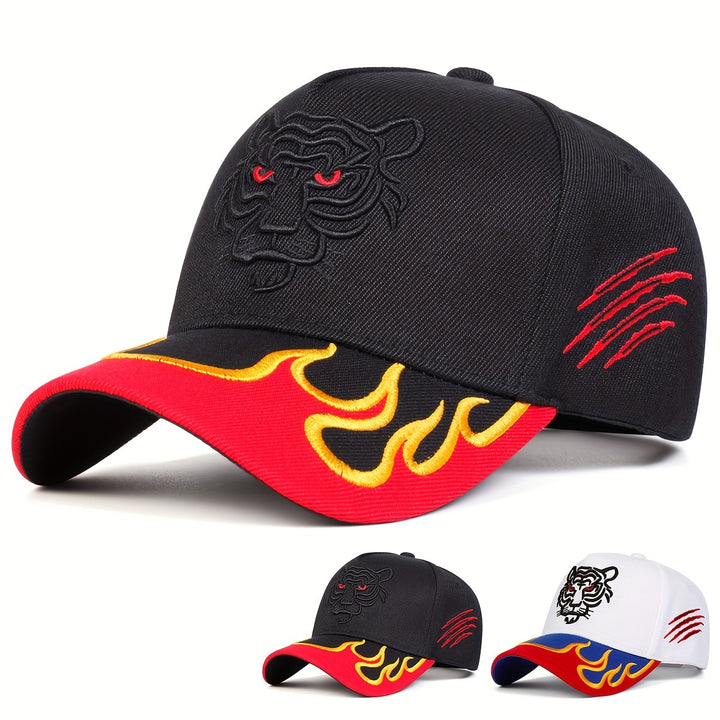 Gorra de béisbol para hombre con bordado de tigre en llamas, ajustable, protección solar, diseño en rojo y amarillo intenso, ideal para viajes en primavera y otoño y vacaciones en la playa