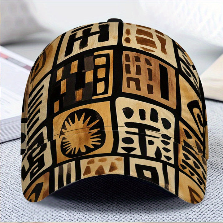 1 Gorra de béisbol con estampado abstracto tribal de garabatos - Sombrero ajustable con diseño de pico de pato ligero y patrón geométrico marrón, ajuste cómodo para uso diario, regalos de Navidad