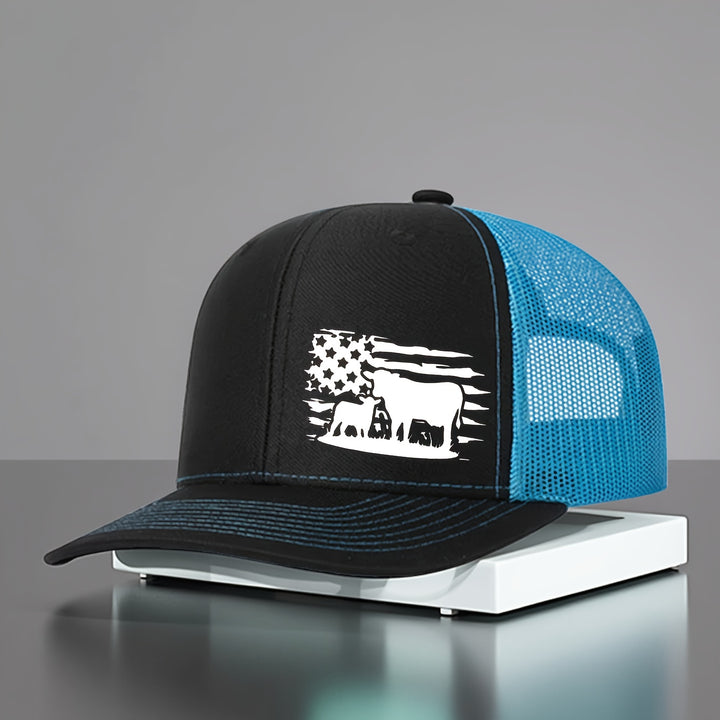 Gorra de malla ajustable con diseño de bandera americana y vaca, sombrero transpirable de 6 paneles para pesca, trabajo en granja y uso casual, tamaño unisex, color café con costura blanca