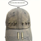 Gorra de béisbol desgastada y rasgada con decoración de cráneo de bala metálica, estilo hip hop rock, unisex, para performance y moda urbana