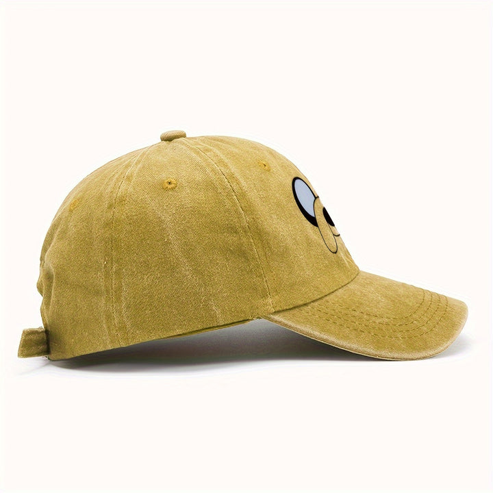 1pc Gorra de Béisbol Estampada con Diseño Retro - Ajustable Snapback, Sombrero Ligero para Hombres y Mujeres, Estilo Lavado Desgastado en Amarillo con Dibujo , Accesorio Casual | Gorra con Estampado Cartoon, Lavable a Máquina, Moda al Aire Libre, Tela Tra