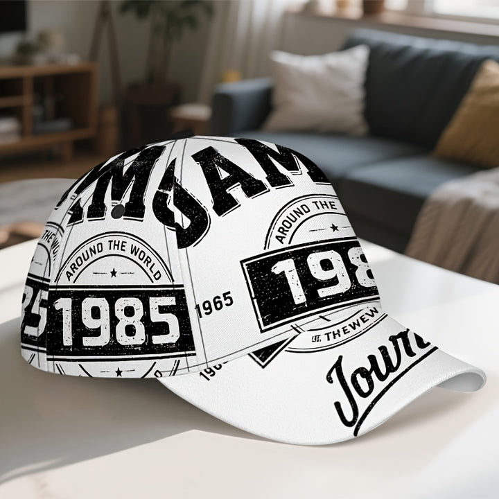1 Gorra Snapback Ajustable Retro 1985 con Estampado 2D de Viaje - Diseño Nostálgico de los 80, Estampado Completo Vibrante, Poliéster Duradero para Deportes al Aire Libre, Running, Uso Casual y Fiestas Temáticas (Halloween/Navidad/Acción de Gracias) - Uni