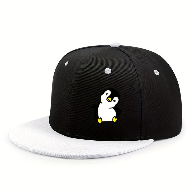 Gorra Plana Unisex de Hip-Hop con Estampado de Pingüino Urbano, Color Sólido y Ajustable para Exteriores