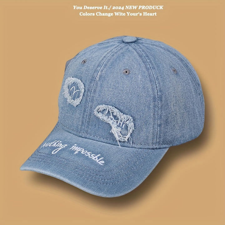 Gorra de béisbol de denim bordado de moda 2024, gorra de jean casual con hebilla ajustable, gorra ligera unisex de poliéster 100% para todas las ocasiones