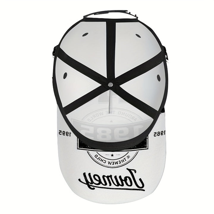 1 Gorra Snapback Ajustable Retro 1985 con Estampado 2D de Viaje - Diseño Nostálgico de los 80, Estampado Completo Vibrante, Poliéster Duradero para Deportes al Aire Libre, Running, Uso Casual y Fiestas Temáticas (Halloween/Navidad/Acción de Gracias) - Uni