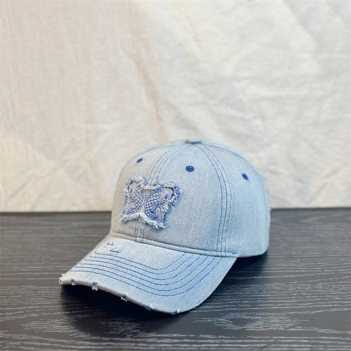 Gorra de Béisbol Bordada con Parche de Mariposa y Ala Ancha, Gorra Duckbill Lavado Desgastada y Rotos, Pequeña Azul Unisex a la Moda que Deja al Descubierto el Rostro