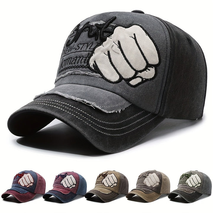 Gorra de béisbol retro lavada con gráfico de puño - Ligera, ajustable con cierre a presión, transpirable, gorra unisex de streetwear para hombres y mujeres, perfecta para exteriores, casual y celebraciones de Año Nuevo