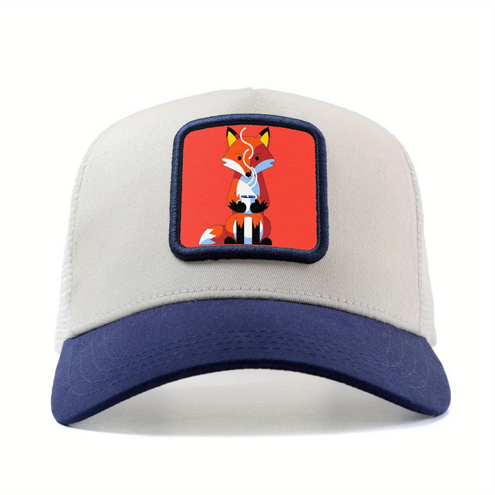 Gorra de Camionero Unisex de Anime con Zorro y Taza de Café - Gorra Ajustable con Cierre de Presión, Parte Trasera de Malla Transpirable, Diseño de 6 Paneles y Estilo Manga - Gorra Ligera para Verano, Casual, Skate (Gris/Rojo)