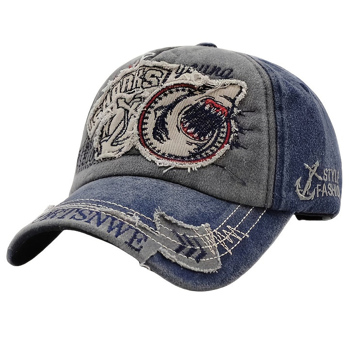 1 gorra de béisbol unisex ajustable con broche, estilo retro desgastado con bordado de tiburón, gorra ligera de ala ancha para todas las temporadas, para hombres y mujeres, deportes casuales al aire libre, ropa con tema marino