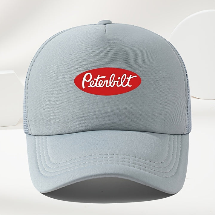 Un sombrero de béisbol de malla transpirable para hombre, estilo callejero, con estampado de Peterbilt rojo, ideal para el verano al aire libre y para conductores de camiones de estilo casual.