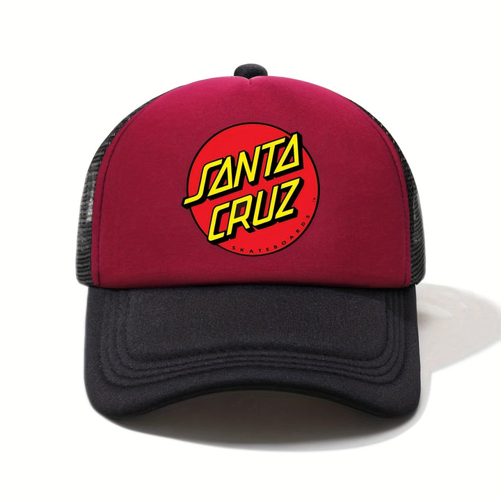 1pc Gorra de Béisbol SANTA CRUZ Estampada - Ligera y Transpirable, Unisex para Exteriores con Logo en Amarillo Intenso y Rojo, Sombrero Deportivo Casual para Hombres y Mujeres, Accesorio Duradero