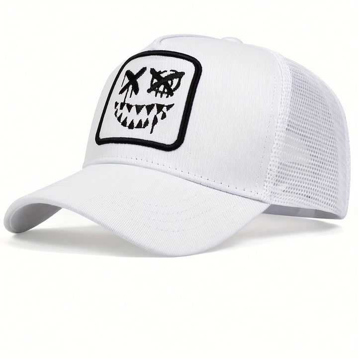 1pc Gorra de béisbol bordada con cara divertida para hombres, gorra de camionero de moda, gorra casual ajustable para exteriores, adecuada para viajes de primavera y otoño, vacaciones en la playa