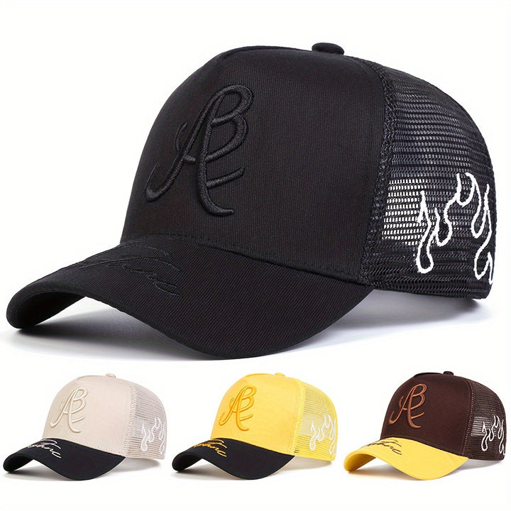 Gorra de béisbol bordada con llama lateral de malla para hombres, 100% poliéster, estilo deportivo, ligero, ajustable, con lavado a mano para al aire libre, viajes y vacaciones