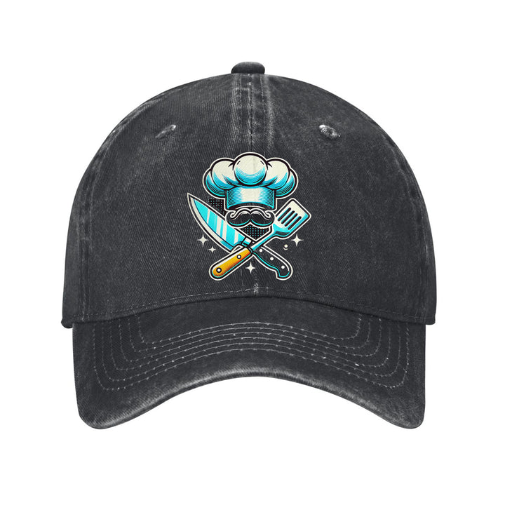 Gorra de Béisbol Ajustable y Ligera de Algodón para Chef - Gorra Negra con Sombrero de Chef Azul & Gráfico de Espátulas Cruzadas, Visera Curva para Hombres y Mujeres, Accesorios de Cocina al Aire Libre, Sombreros Casuales, Cabezal Cómodo