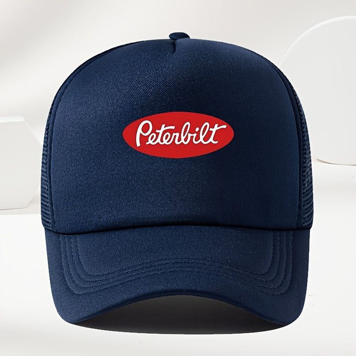 Un sombrero de béisbol de malla transpirable para hombre, estilo callejero, con estampado de Peterbilt rojo, ideal para el verano al aire libre y para conductores de camiones de estilo casual.