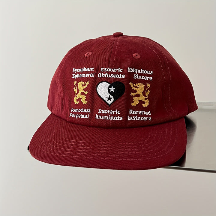 Gorra de Béisbol Rojo Vino para Hombres y Mujeres - Gorra Ligera Ajustable con Diseño Yin-Yang & León, Símbolos Ocultistas, Texto Occultista - Accesorio Urbano Gótico Hip-Hop