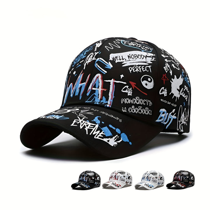 Gorra de béisbol estilosa con impresión de graffiti moderna, diseño hip-hop versátil y protección solar para estilos europeo y americano, disponible en 4 colores