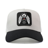 Gorra de Béisbol Gótica Mexicana con Arte Popular Santa Muerte para Hombres y Mujeres - Gorra Trucker Ajustable Snapback, Parte Trasera Transpirable en Redeza, Panel Frontal Blanco & Visera Negra, Sombrero Casual Unisex al aire Libre Verano para Hombre, m