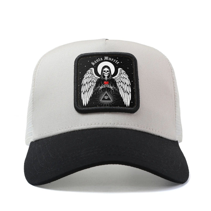 Gorra de Béisbol Gótica Mexicana con Arte Popular Santa Muerte para Hombres y Mujeres - Gorra Trucker Ajustable Snapback, Parte Trasera Transpirable en Redeza, Panel Frontal Blanco & Visera Negra, Sombrero Casual Unisex al aire Libre Verano para Hombre, m