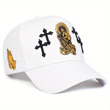 Gorra de béisbol con cruz de Jesús para hombre - ajustable con cierre de clic, ligero poliéster, negro con diseño de cruz dorada y halo, ideal para exteriores, uso casual, primavera y otoño, vacaciones de playa, viajes, sombrero de playa