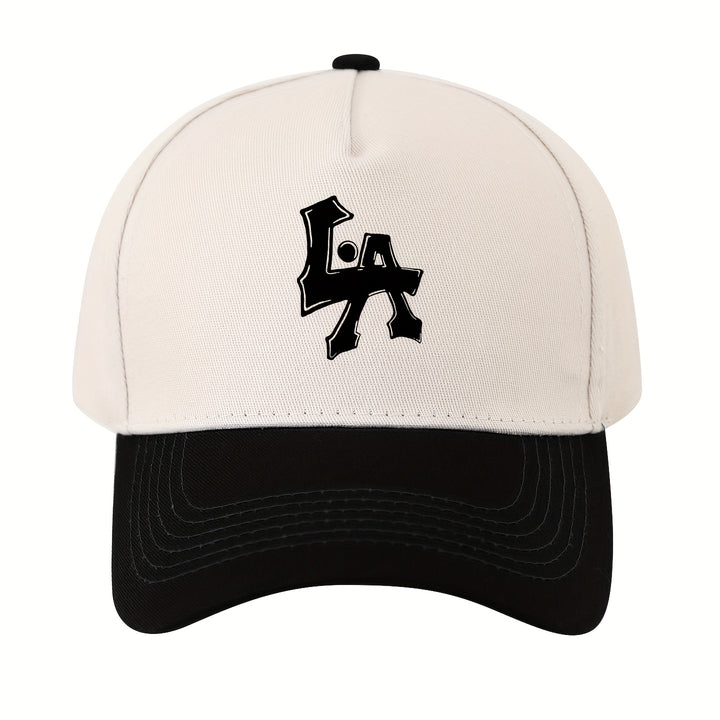 1 gorra de béisbol con estampado de letras LA - ajustable, protección solar, gorra casual para viajes, fiestas en la playa y regalos, poliéster, blanco con ribete negro, ropa de cabeza para exteriores | Gorra deportiva | Gorra ajustable