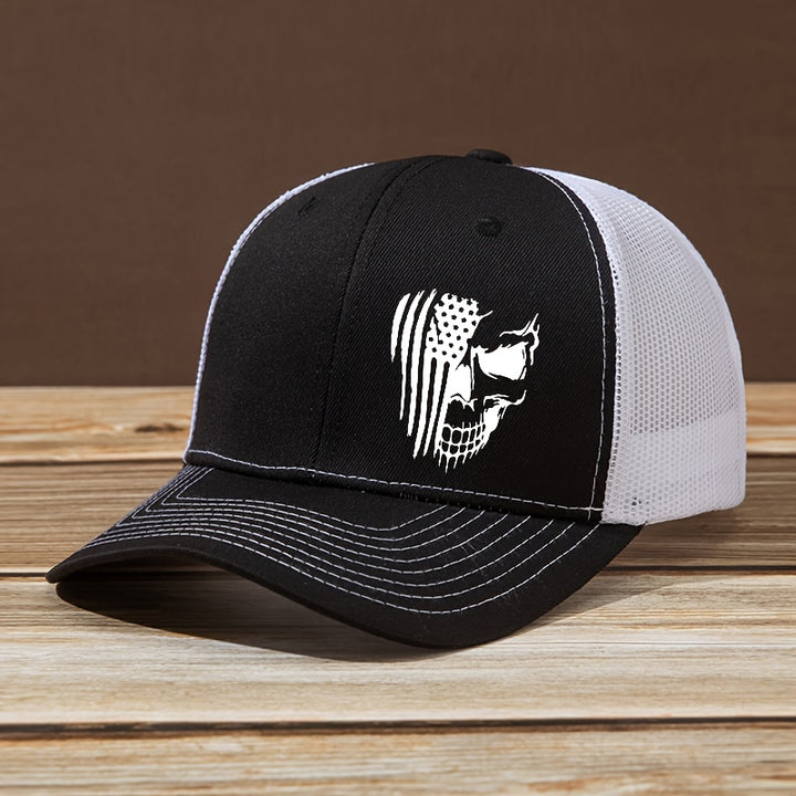 Gorra de béisbol curva con estampado de calavera y bandera de letra para hombres y mujeres, elegante sombrero de camionero para actividades al aire libre, ajustable y adecuado para camping y pesca, perfecto para correr, hacer senderismo y camping, lo conv