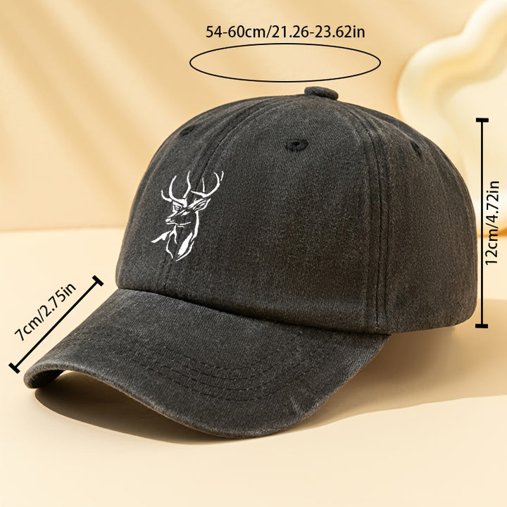 Gorra de béisbol con cabeza de ciervo para hombre - Ajustable, transpirable y cómoda, negra con estampado blanco de ciervo, perfecta para deportes al aire libre y viajes, suave al tacto, diseño clásico, lavable a mano.