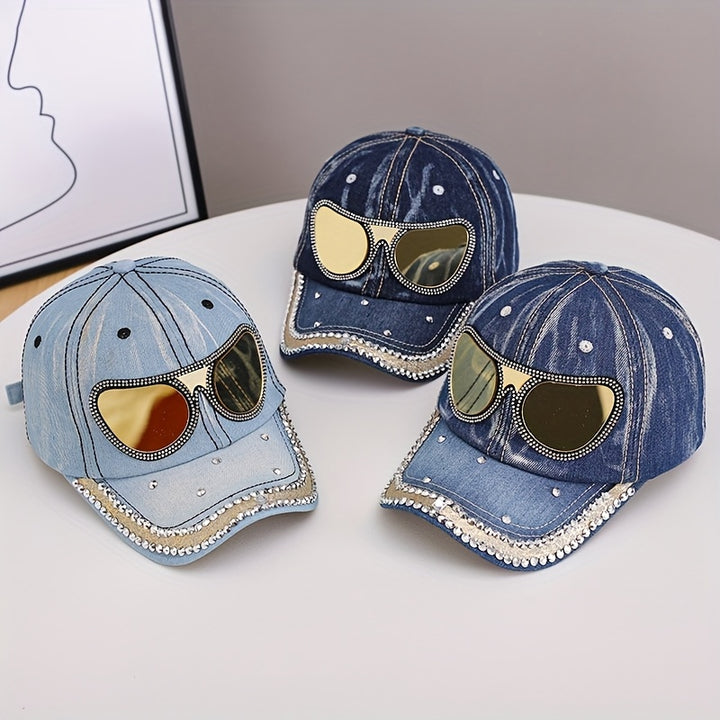 Gorra de Béisbol con Rhinestones para Mujer, Estilo Y2K Clásico Azul, Nuevo Sombrero Europeo y Americano al Sol, Diseño en Forma de Gafas e Incrustaciones de Cristales, Ideal para Uso Diario o Festivales Musicales