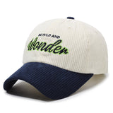 Gorra de béisbol de pana para hombre y mujer con adorno WONDER en la espalda - Sombrero para el sol con ala curva, Verde Marino Marrón, Gorro unisex estilo streetwear para outfits casuales y formales, Tejido de pana duradero y ajuste cómodo, Versátil para