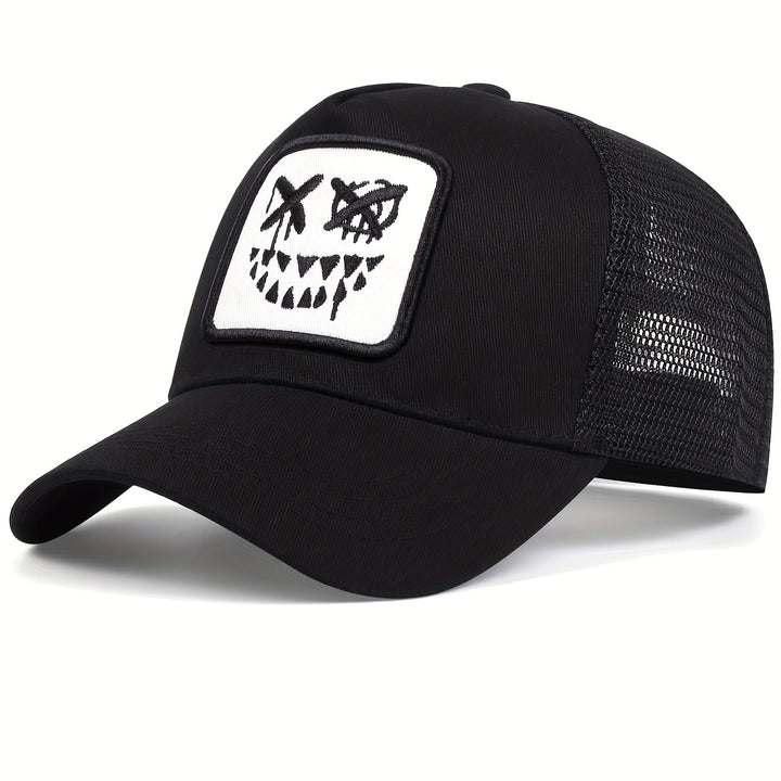 1pc Gorra de béisbol bordada con cara divertida para hombres, gorra de camionero de moda, gorra casual ajustable para exteriores, adecuada para viajes de primavera y otoño, vacaciones en la playa