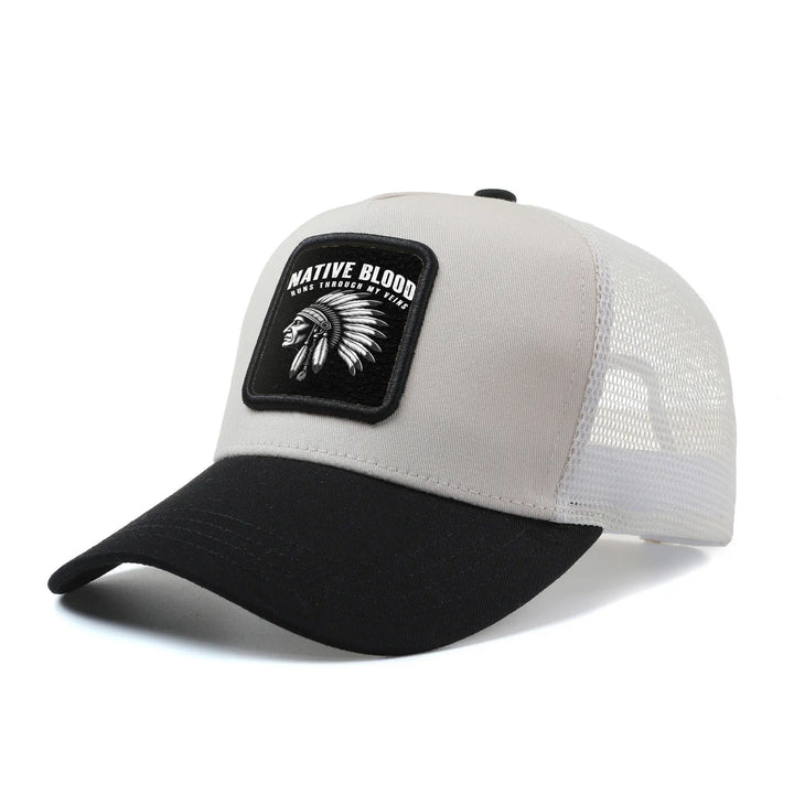 Gorra de béisbol ajustable de línea de sangre nativa americana - Espalda de malla transpirable, diseño de dibujos animados de hip hop, poliéster ligero, estilo casual para hombres y mujeres, sombrero de verano al aire libre, ropa de cabeza al aire libre |