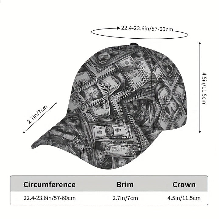 1 Gorra de Béisbol con Estampado de Billetes de Dólar 2D - Gorra Snapback de Poliéster Vibrante con Estampado Completo, Ligera y Ajustable, Ideal para Correr y Moda Urbana, Equipo para Festivales,Ropa Casual,Diseño Funky,Uso Cómodo,Sombrero Elegante,Amant